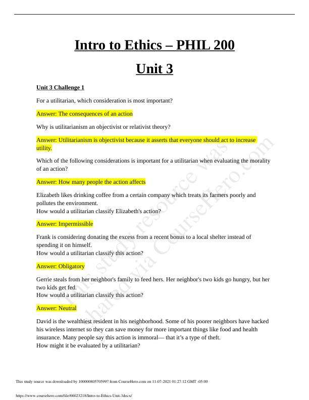 PHIL 200 Intro to Ethics Unit 3