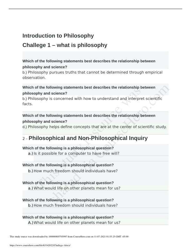 Introduction to Philosophy Challege 1 – what is philosophy