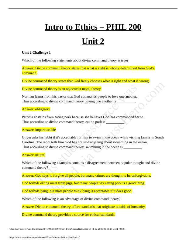PHIL 200 Intro to Ethics Unit 2