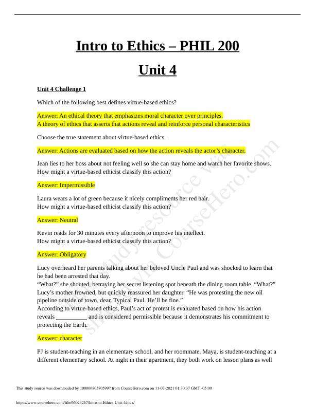 PHIL 200 Intro to Ethics Unit 4