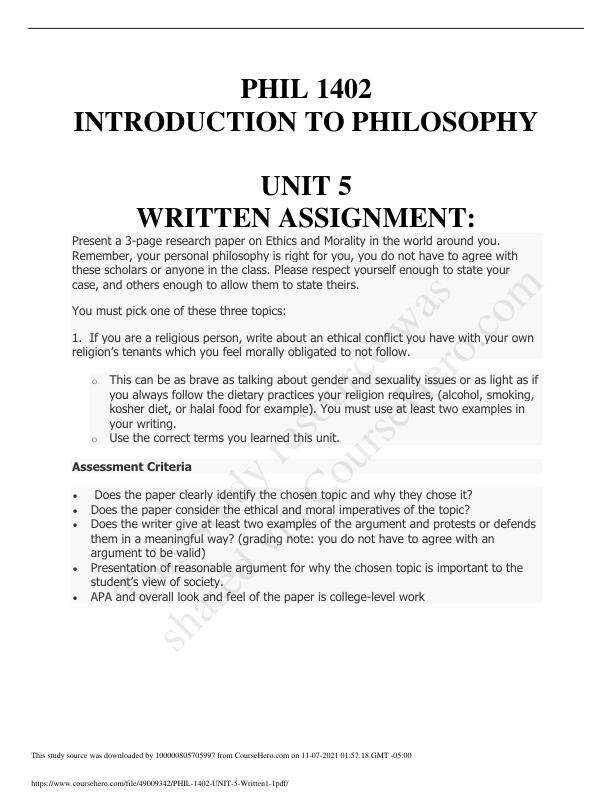 PHIL 1402 INTRODUCTION TO PHILOSOPHY UNIT 5 WRITTEN ASSIGNMENT