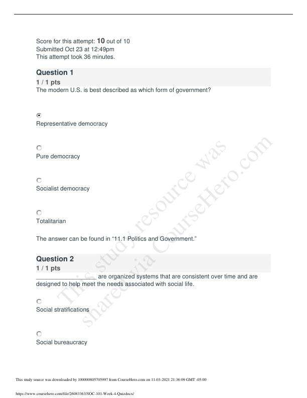 SOC 101 Week 4 Quiz
