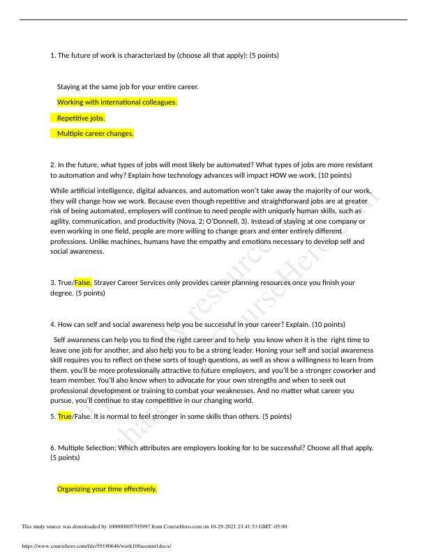 WRK 100 Assignment 1 Quiz The Future of Work