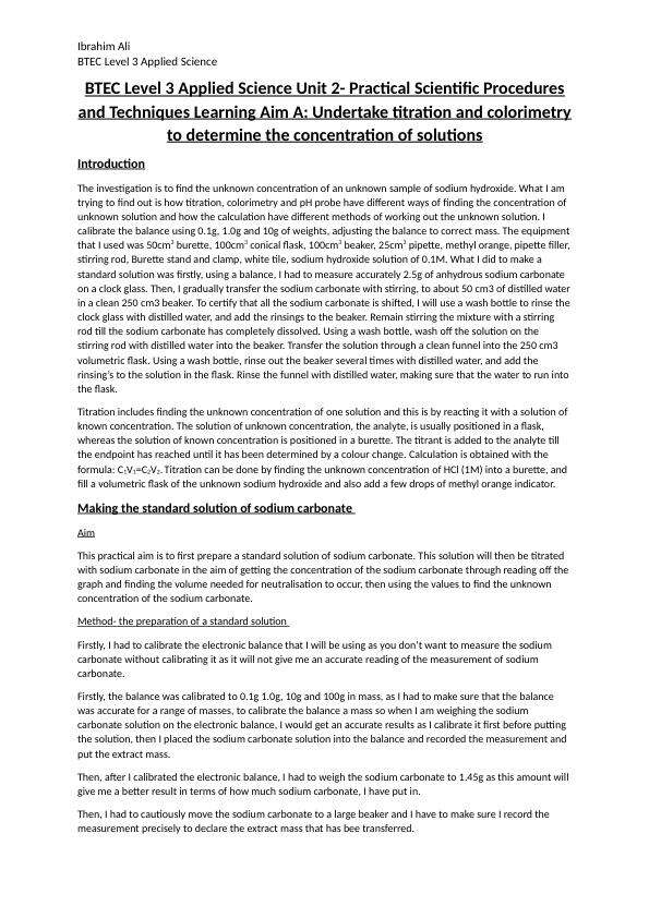 BTEC Level 3 Applied Science Unit 2 LA1