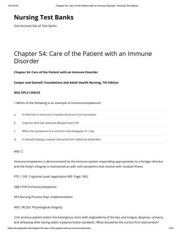 Chapter 54 Care of the Patient with an Immune Disorder Nursing Test Banks