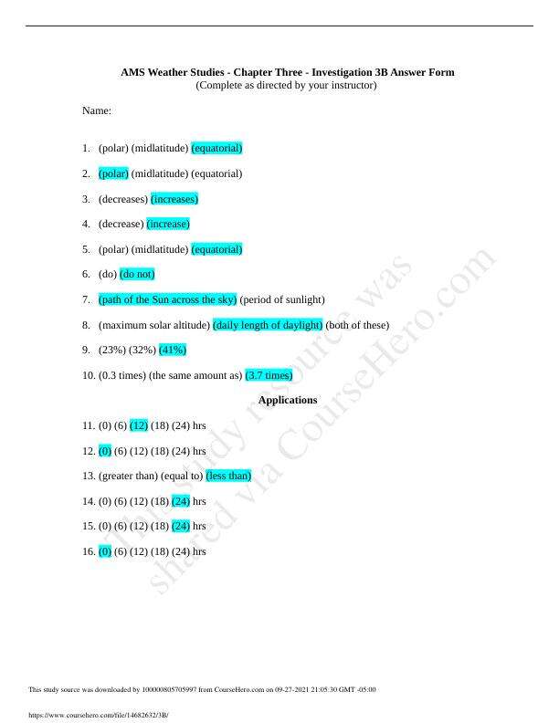 GEO 211 AMS Weather Studies - Chapter Three - Investigation 3B Answer Form