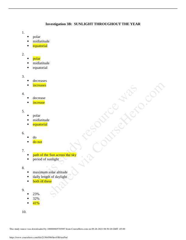 GEO 242 Investigation 3B SUNLIGHT THROUGHOUT THE YEAR