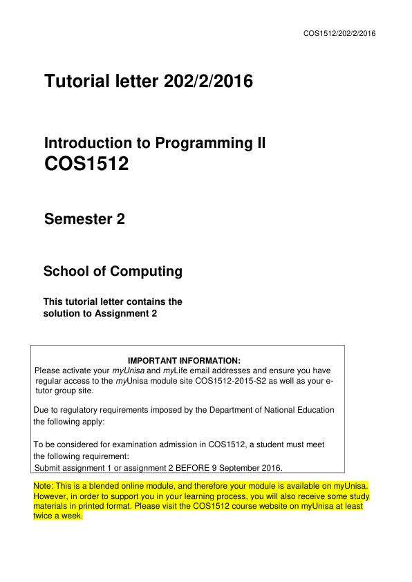 COS1512 Introduction to Programming II Semester II