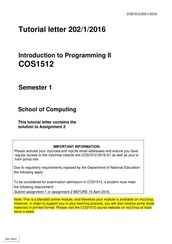 COS1512 Introduction to Programming II Semester I