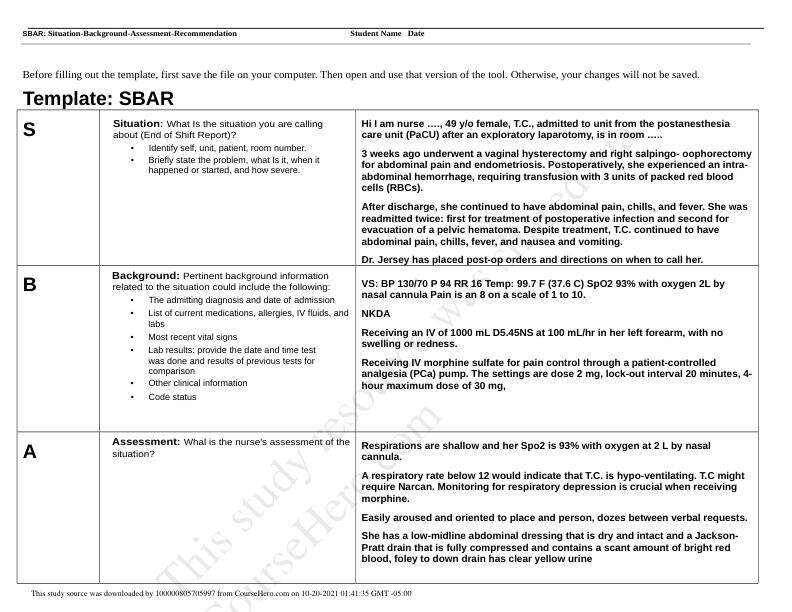 SBAR OB CE 6 Case Study Abdominal Surgery