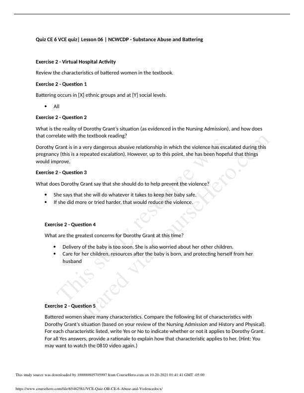 VCE Quiz OB CE 6 Abuse and Violence