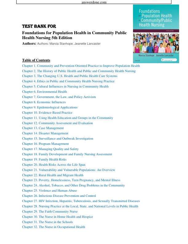 Test Bank For Foundations for Population Health in Community Public Health Nursing 5th Edition by Marcia Stanhope, Jeanette Lancaster Chapter 1-32 Complete Guide  A+