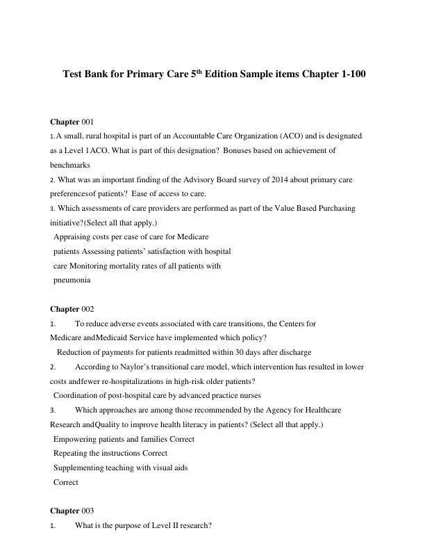 Test Bank for Primary Care 5th Edition Sample items Chapter 1-100