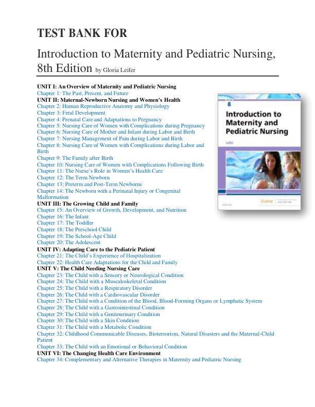 TEST BANK FOR INTRODUCTION TO MATERNITY AND PEDIATRIC NURSING, 8TH EDITION BY GLORIA LEIFER CHAPTER 1-34 COMPLETE GUIDE A+