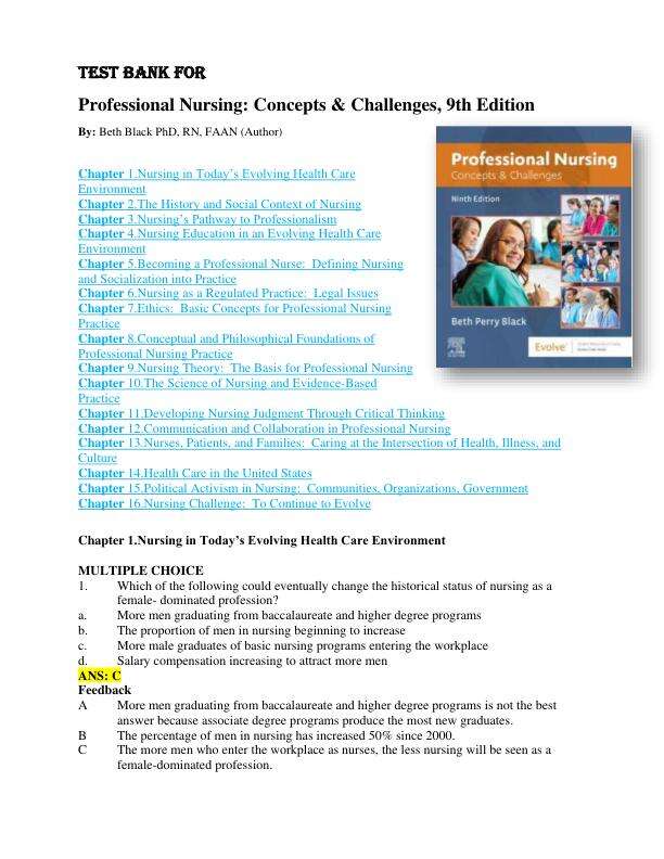Test Bank for Professional Nursing Concepts & Challenges, 9th Edition