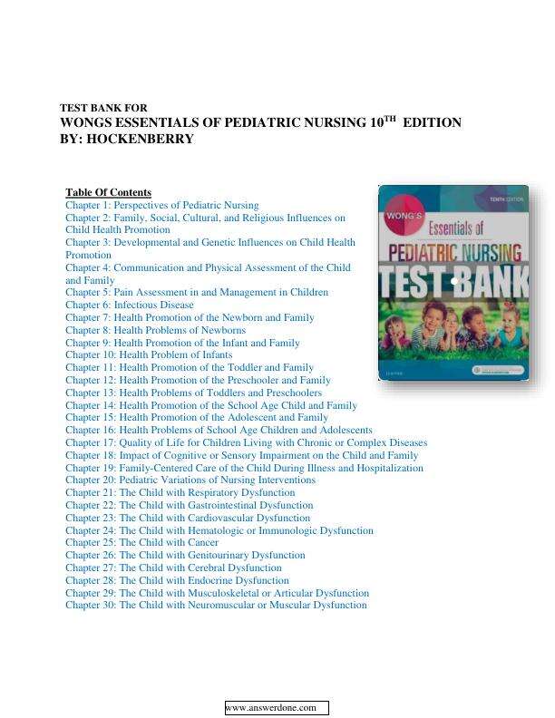 Test Bank for Wong's Nursing Care of Infants and Children 10th Edition by Hockenberry