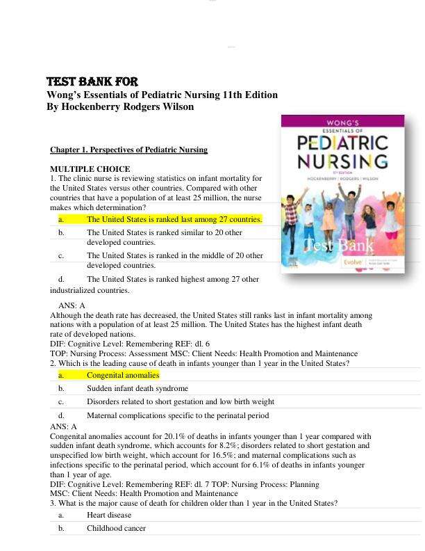 Test Bank for Wong's Nursing Care of Infants and Children 11th Edition by Hockenberry