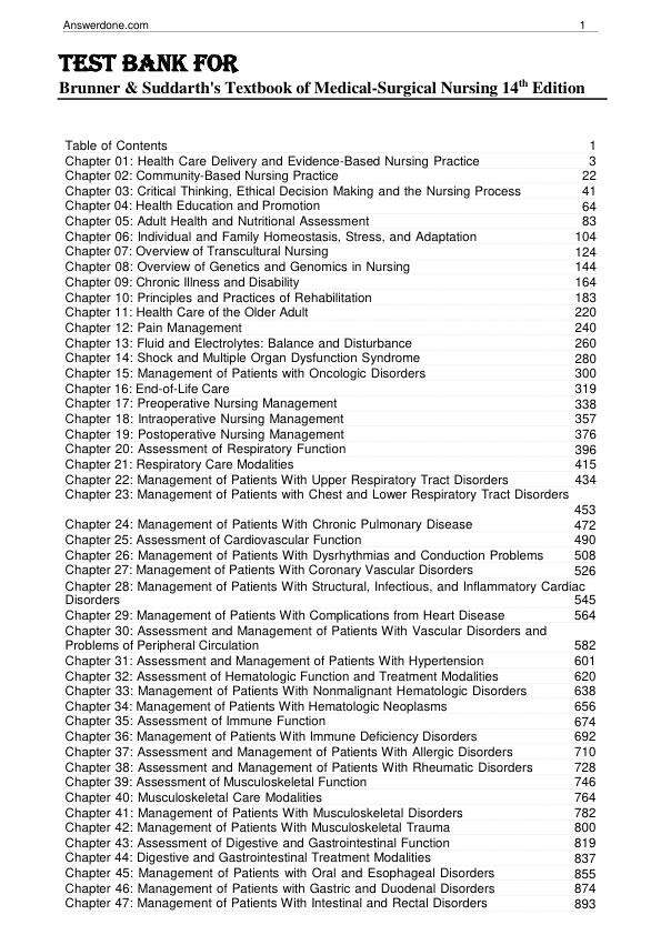Test Bank for Brunner & Suddarth's Textbook of Medical-Surgical Nursing 14th Edition Chapter 1-73 Complete Guide A+
