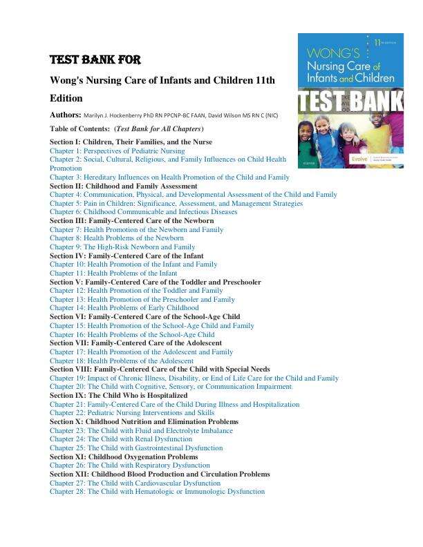 Test bank for Wong's Nursing Care of Infants and Children 11th Edition by Hockenberry Chapter 1-34