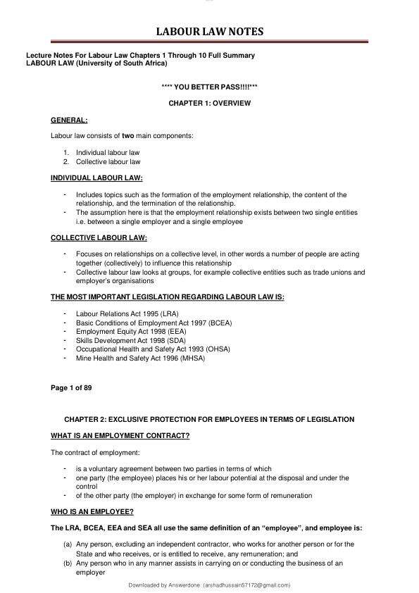 Lecture Notes For Labour Law Chapters 1 Through 10 Full Summary