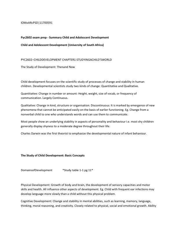 PYC2602 Exam prep Summary Child and Adolescent Development