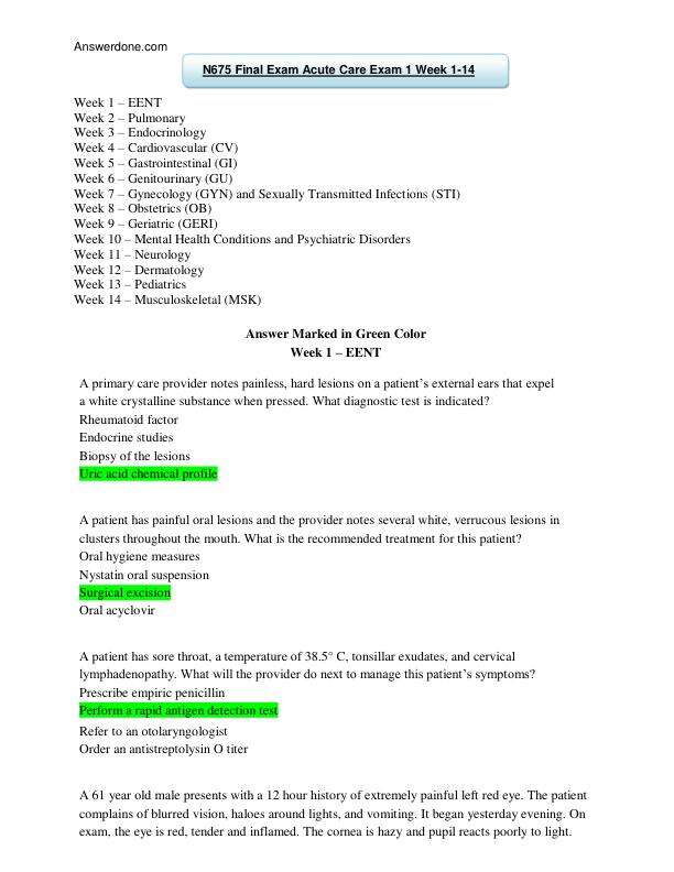 N675 Final Exam Acute Care Exam 1 Week 1-14