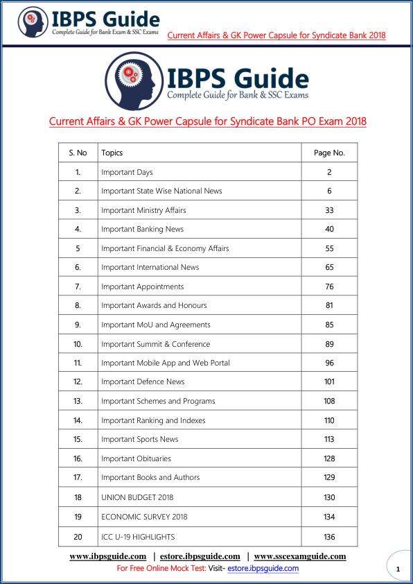 Current Affairs & GK Power Capsule for Syndicate Bank PO Exam