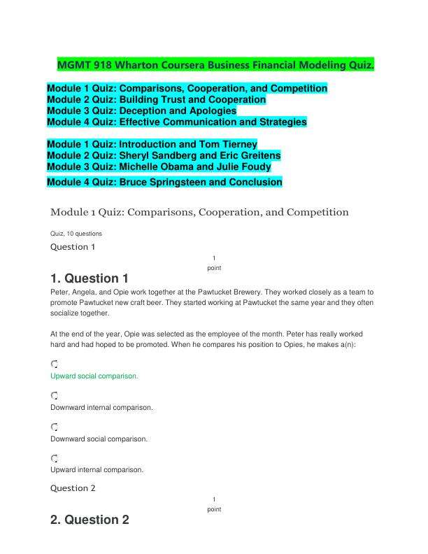 MGMT 918 Wharton Coursera Business Financial Modeling Quiz