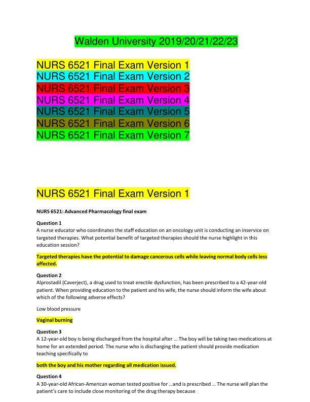 NURS 6521 Final Exam Version 1, Version 2, Version 3, Version 4,Version 5, Version 6, Version 7
