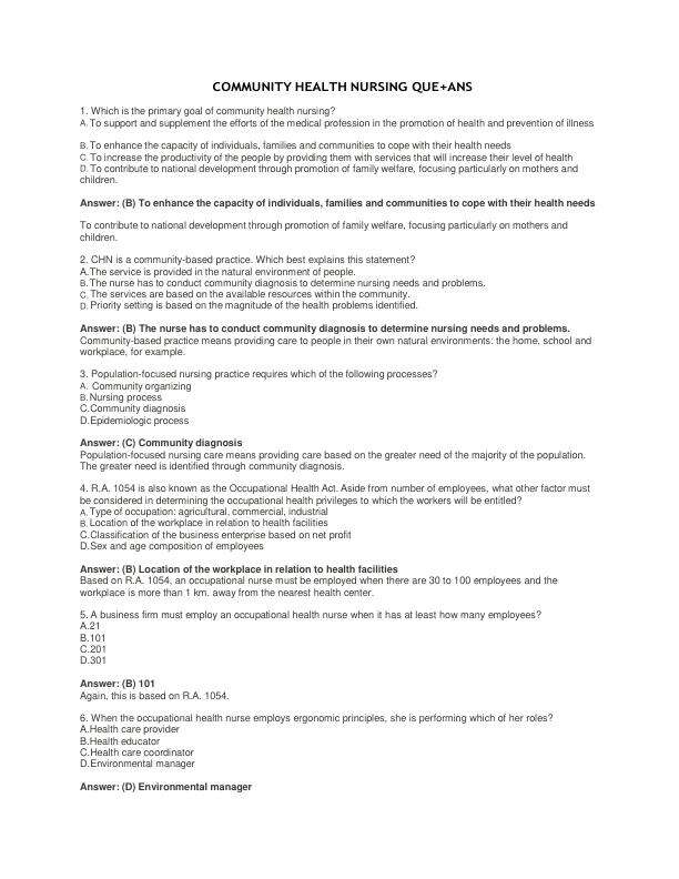 COMMUNITY HEALTH NURSING QUE+ANS