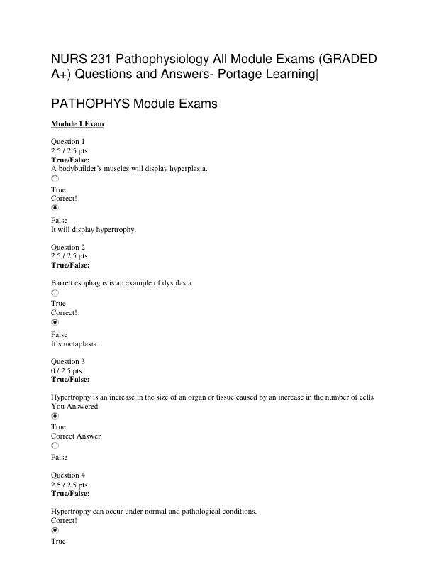 NURS 231 Pathophysiology All Module Exams (GRADED A+) Questions and Answers- Portage Learning