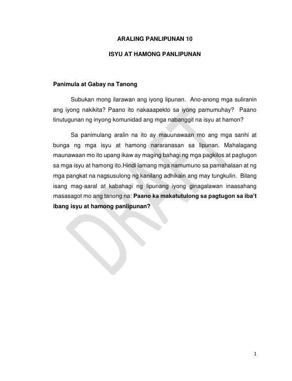 ARALING PANLIPUNAN 10 ISYU AT HAMONG PANLIPUNAN