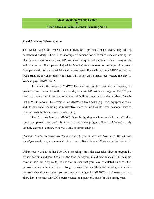 Mead Meals on Wheels Center Teaching Case study & Teaching Notes