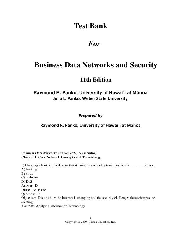 Test Bank For Business Data Networks and Security 11th Edition Panko Chapter 1-11