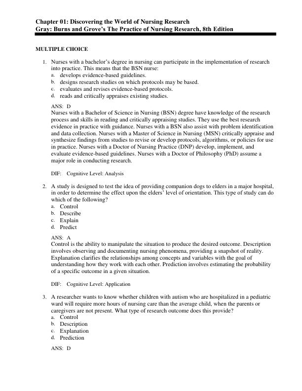 Test Bank For Gray Burns and Grove’s The Practice of Nursing Research, 8th Edition Chapter 1-29