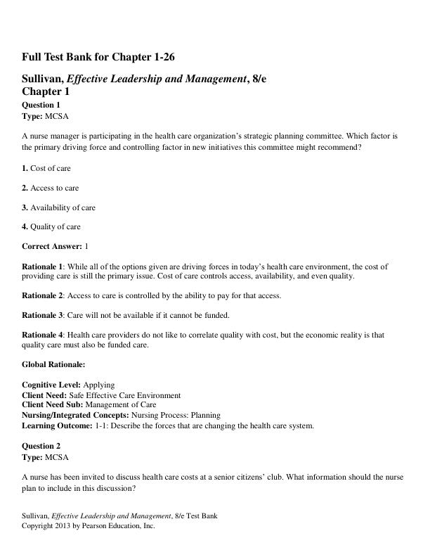 Test Bank For Effective Leadership and Management in Nursing 8th Edition By Eleanor Sullivan Chapter 1-26