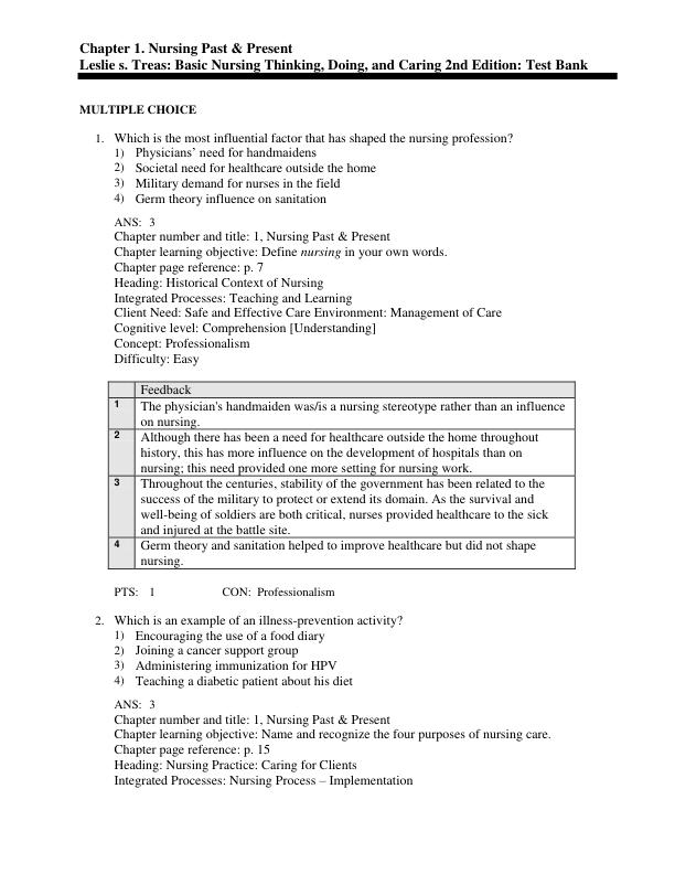 TEST BANK FOR BASIC NURSING THINKING, DOING, AND CARING 2ND EDITION BY LESLIE S. TREAS CHAPTER 1-46 COMPLETE GUIDE A+