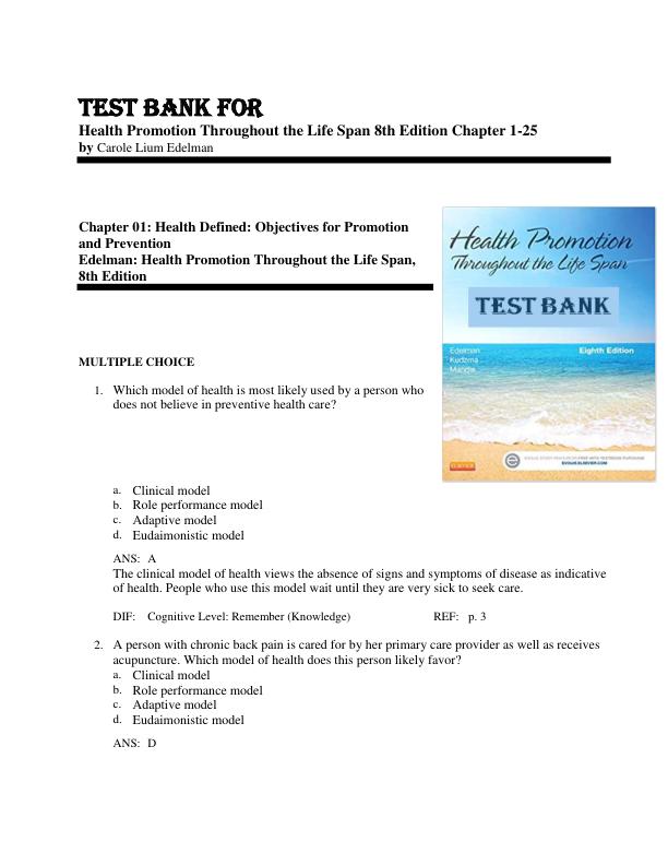 TEST BANK FOR Health Promotion Throughout the Life Span 8th Edition Chapter 1-25 by Carole Lium Edelman