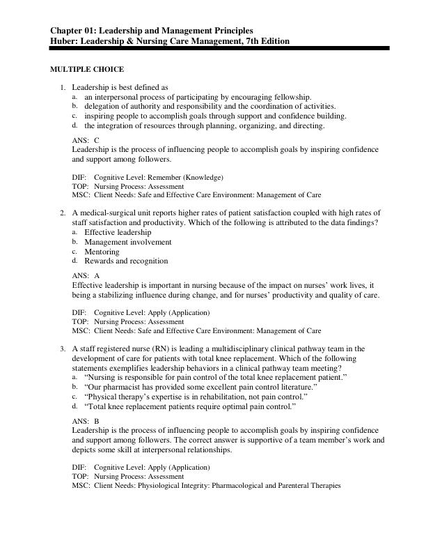 Test Bank For Leadership and Nursing Care Management, 7th Edition By Diane Huber, M. Lindell Joseph Chapter 1-26