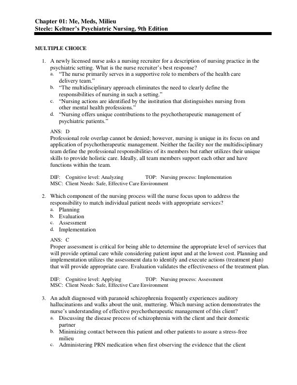 Test Bank For Keltner’s Psychiatric Nursing, 9th Edition By Debbie Steele Chapter 1-36