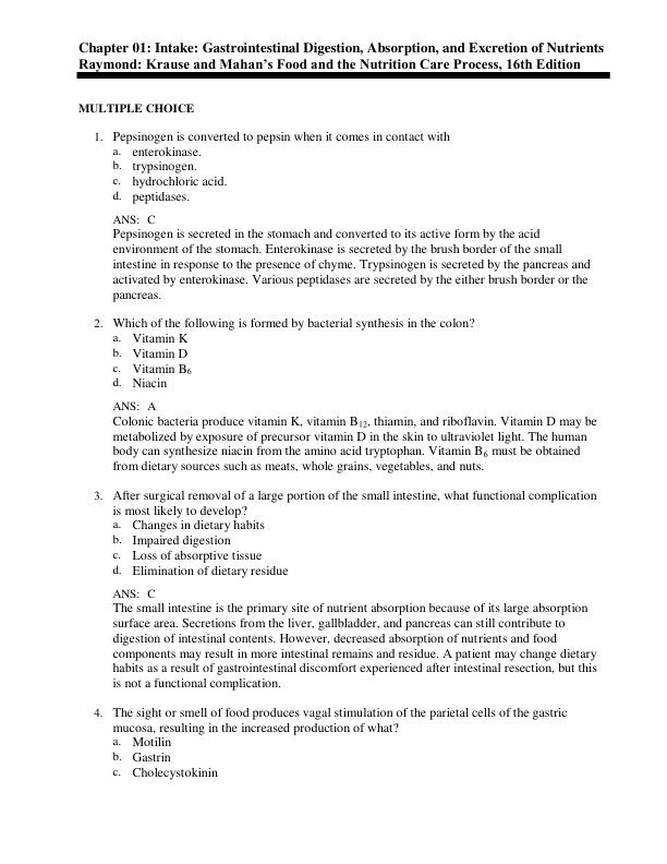 Test Bank For Krause and Mahan’s Food and the Nutrition Care Process, 16th Edition by Janice L Raymond Chapter 1-45