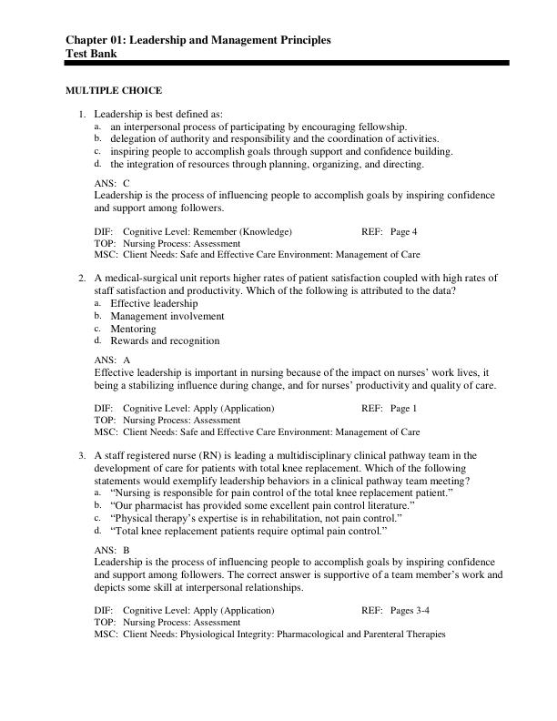 Test Bank For Leadership and Nursing Care Management 5th Edition By Diane Huber Chapter 1-27