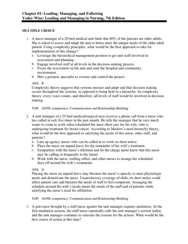 Test Bank For Leading and Managing in Nursing, 7th Edition By Patricia S, Yoder Wise Chapter 31