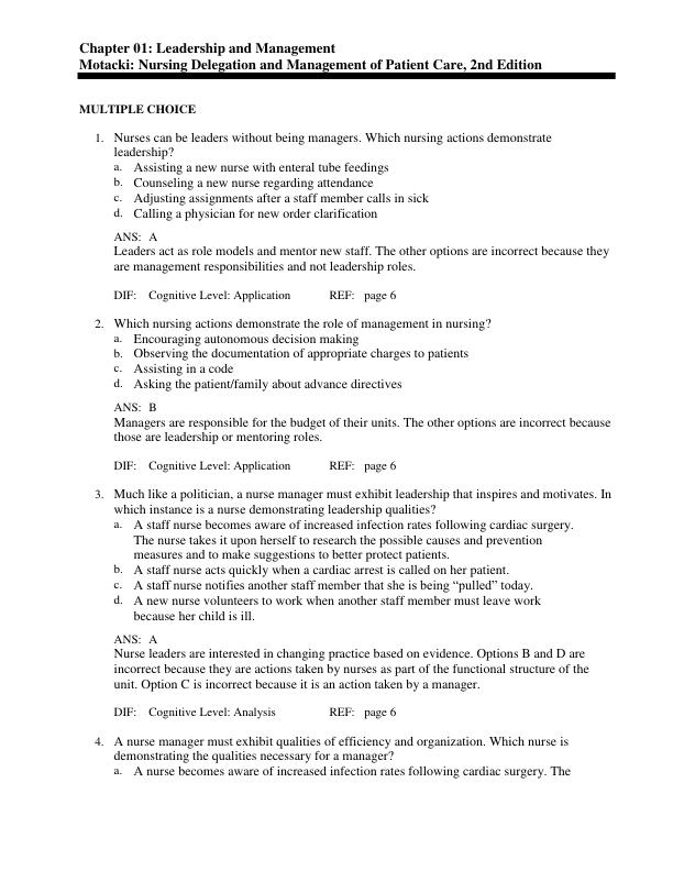Test Bank For Nursing Delegation and Management of Patient Care 2nd Edition by Motacki Chapter 1-21