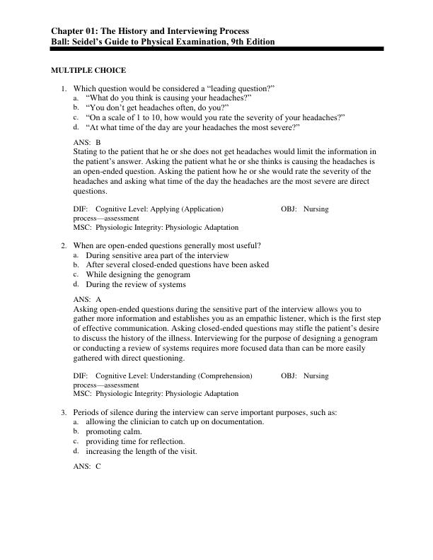 Test Bank For Seidel's Guide to Physical Examination An Interprofessional Approach 9th Edition