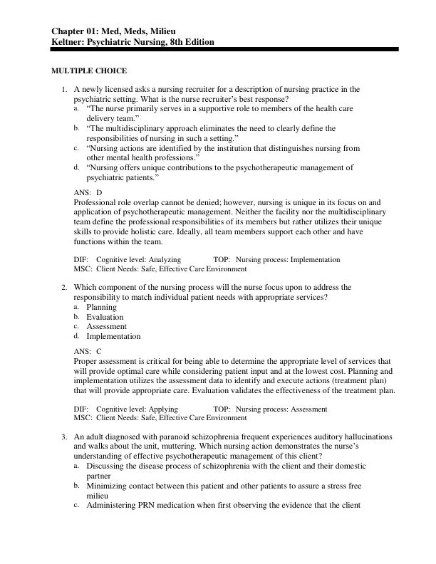 Test Bank For Psychiatric Nursing By Norman L. Keltne, Debbie Steele Edition 8th Edition Chapter 1-36 