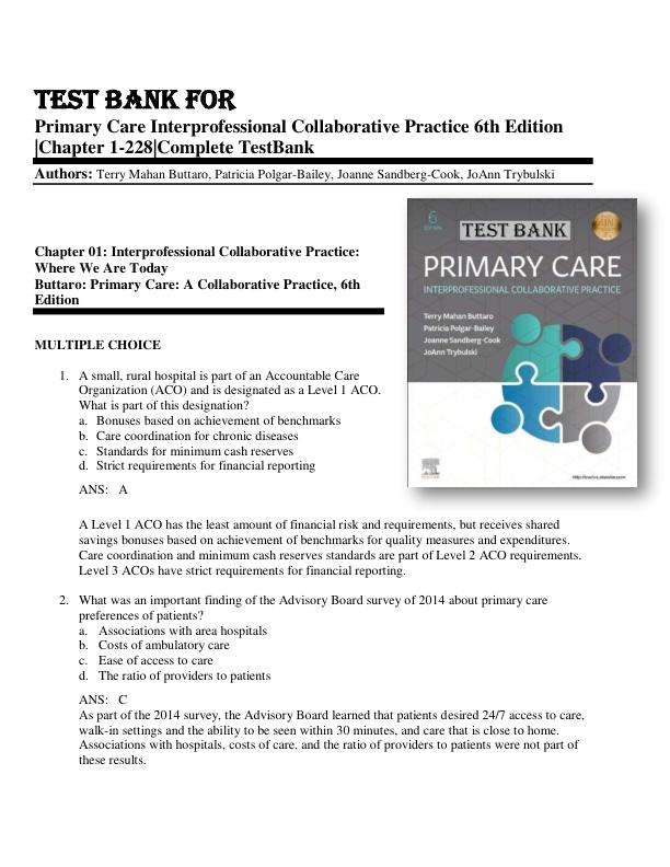 Test Bank Primary Care Interprofessional Collaborative Practice 6th Edition by Terry Mahan Buttaro Chapter 1-228Complete Guide A+