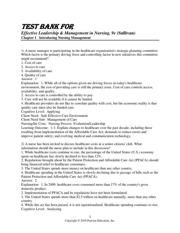 Test Bank For Effective Leadership and Management in Nursing 9th Edition By Eleanor Sullivan Chapter 1-28