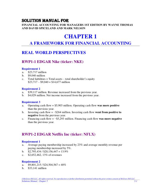 Solution Manual For Financial Accounting for Managers 1st Edition By Wayne Thomas and David Spiceland and Mark Nelson