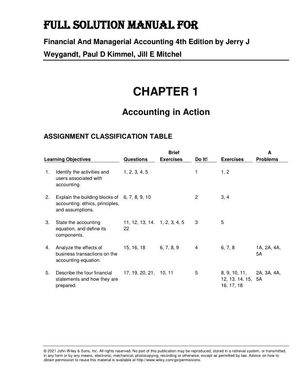 Solution Manual For Financial And Managerial Accounting 4th Edition by Jerry J Weygandt, Paul D Kimmel, Jill E Mitchel